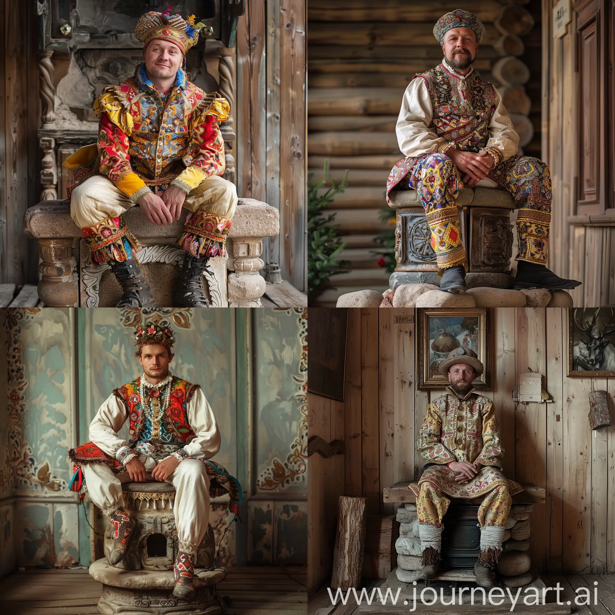 Russian-Man-in-Traditional-Folk-Costume-Sitting-on-Stone-Stove