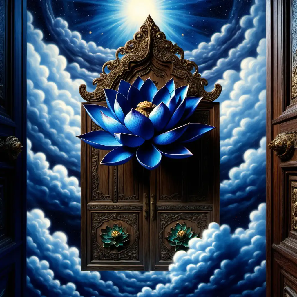 create a very small dark vivid blue lotus flower that is opening, and that is hanging on a large ornate wooden door in the clouds in the celestial sky 