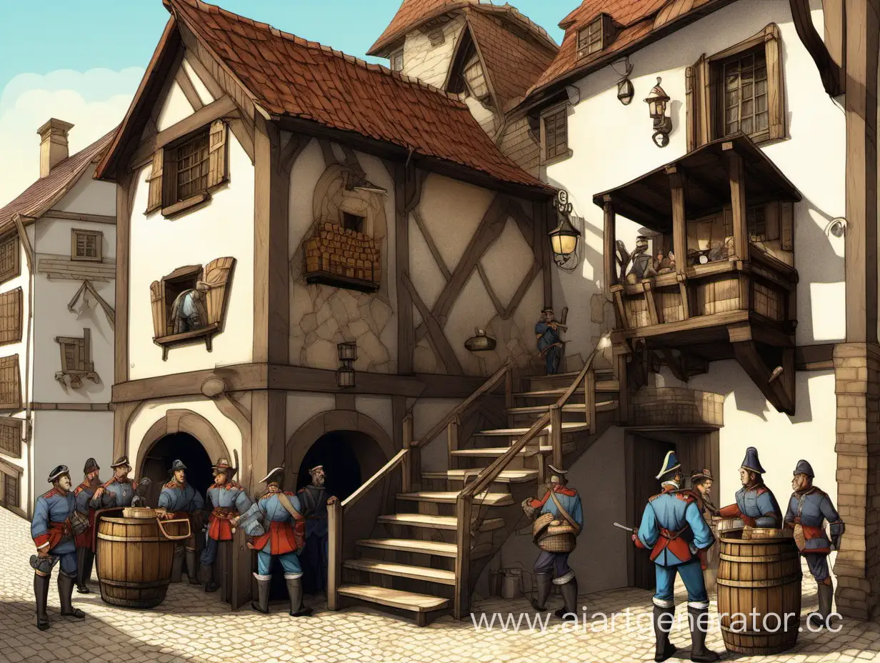 Colorful-Tavern-Facade-with-Guard-Barrel-and-Stairs