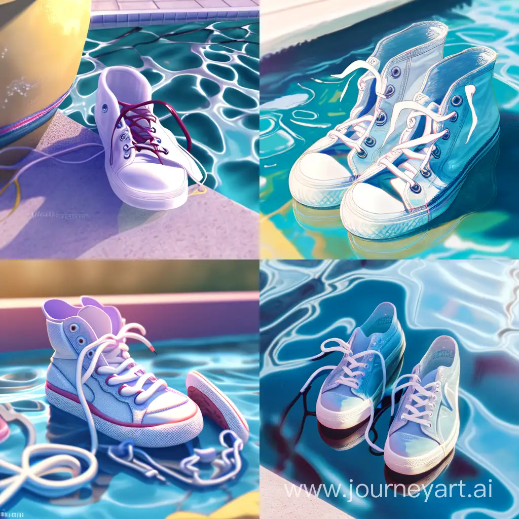 фото кроссовок в бассейне, реалистичный стиль, высокая детализация, пушистые шнурки