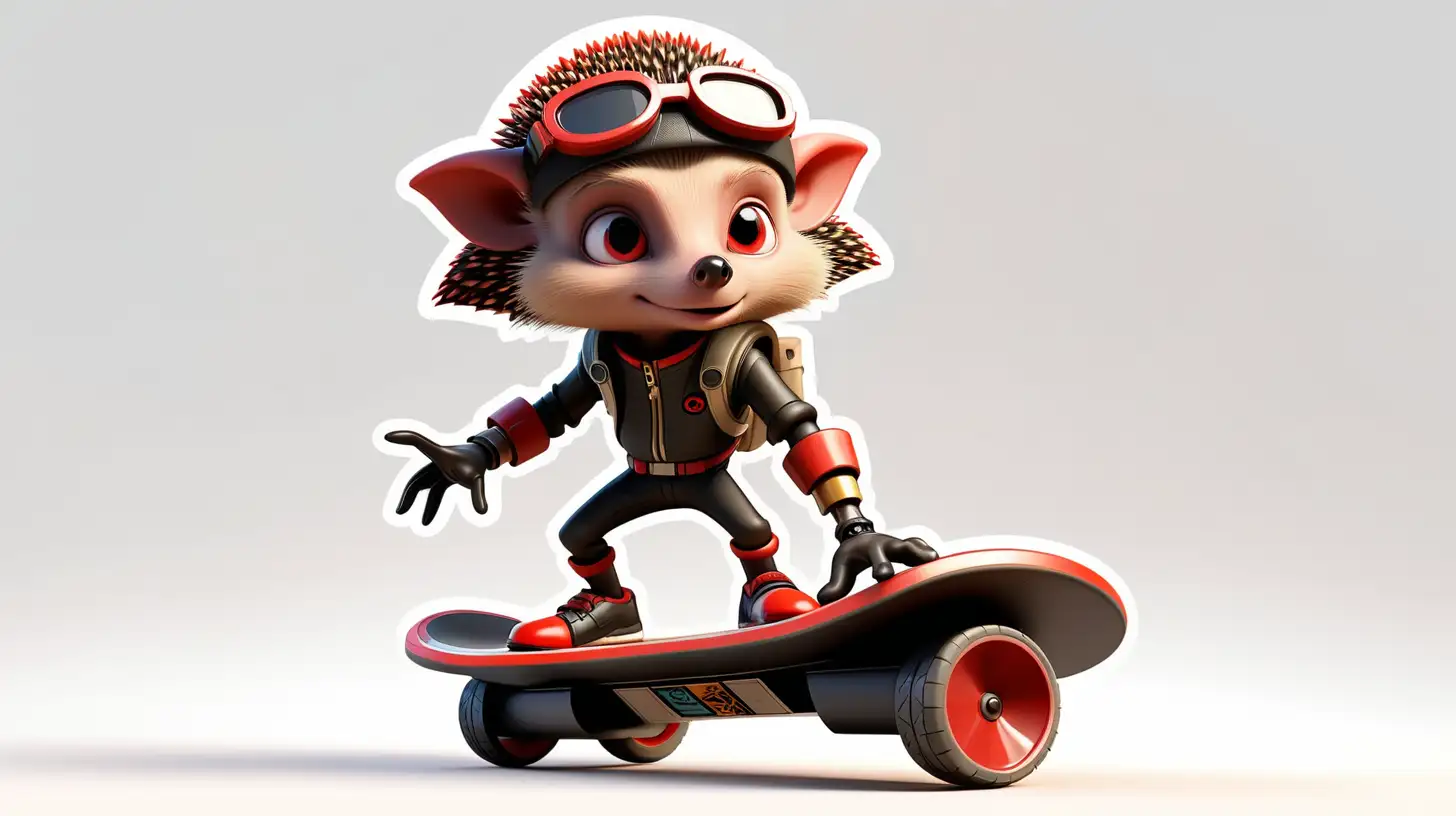 Sticker,Cartoon, cute little red and black hedgehog archaeologist with hazel eyes gadgets and james bond swagger, wearing anubis outfit on hoverboard , white background, Vermeer style, 12k, high quality, HD, octane render, cinematic lighting