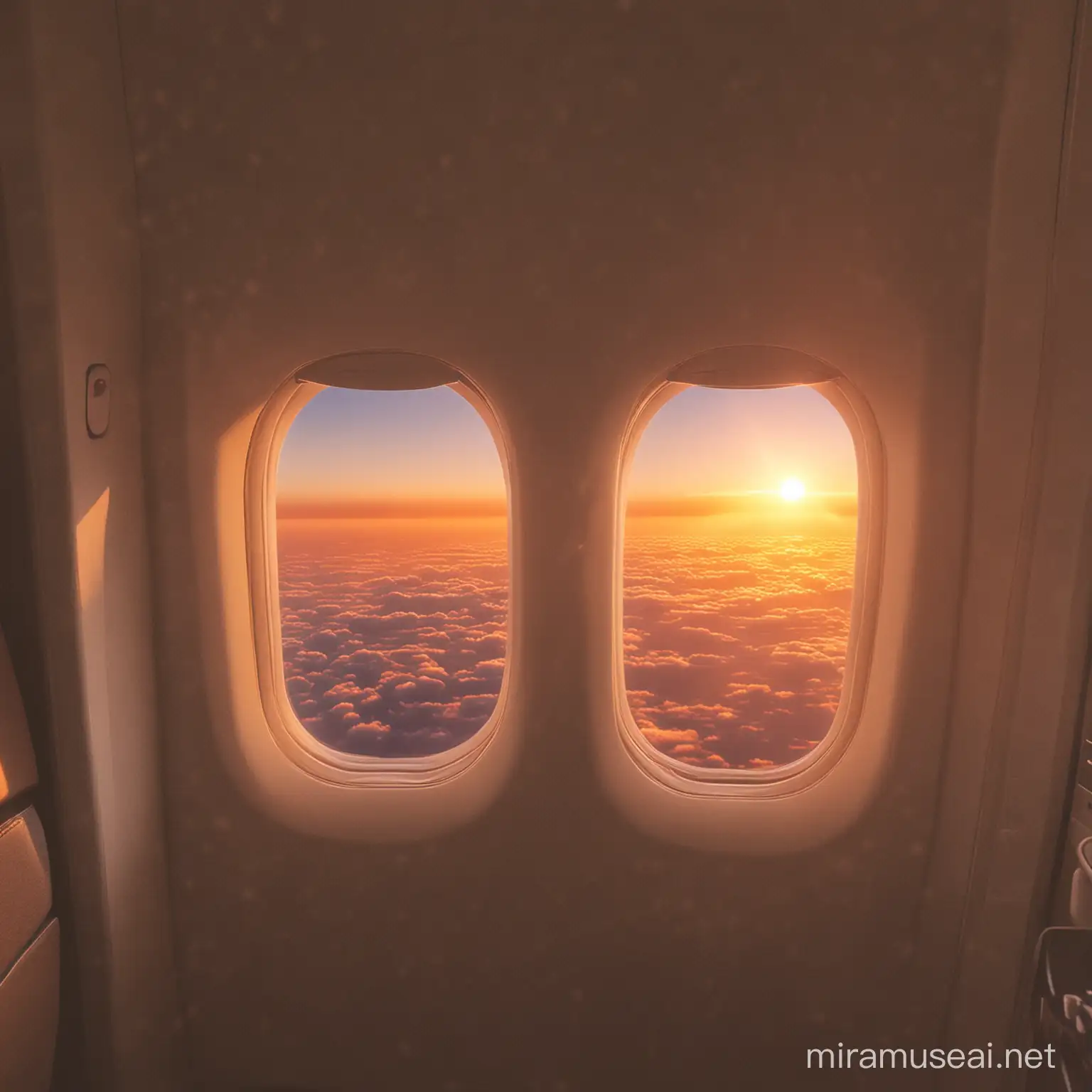 Airplane Cabin Interior with Sunset View and Synced Lighting