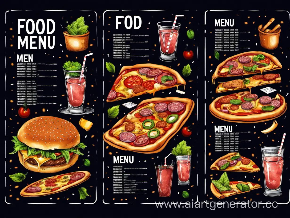 меню еды на темном фоне с бургерами , пиццами и напитками
