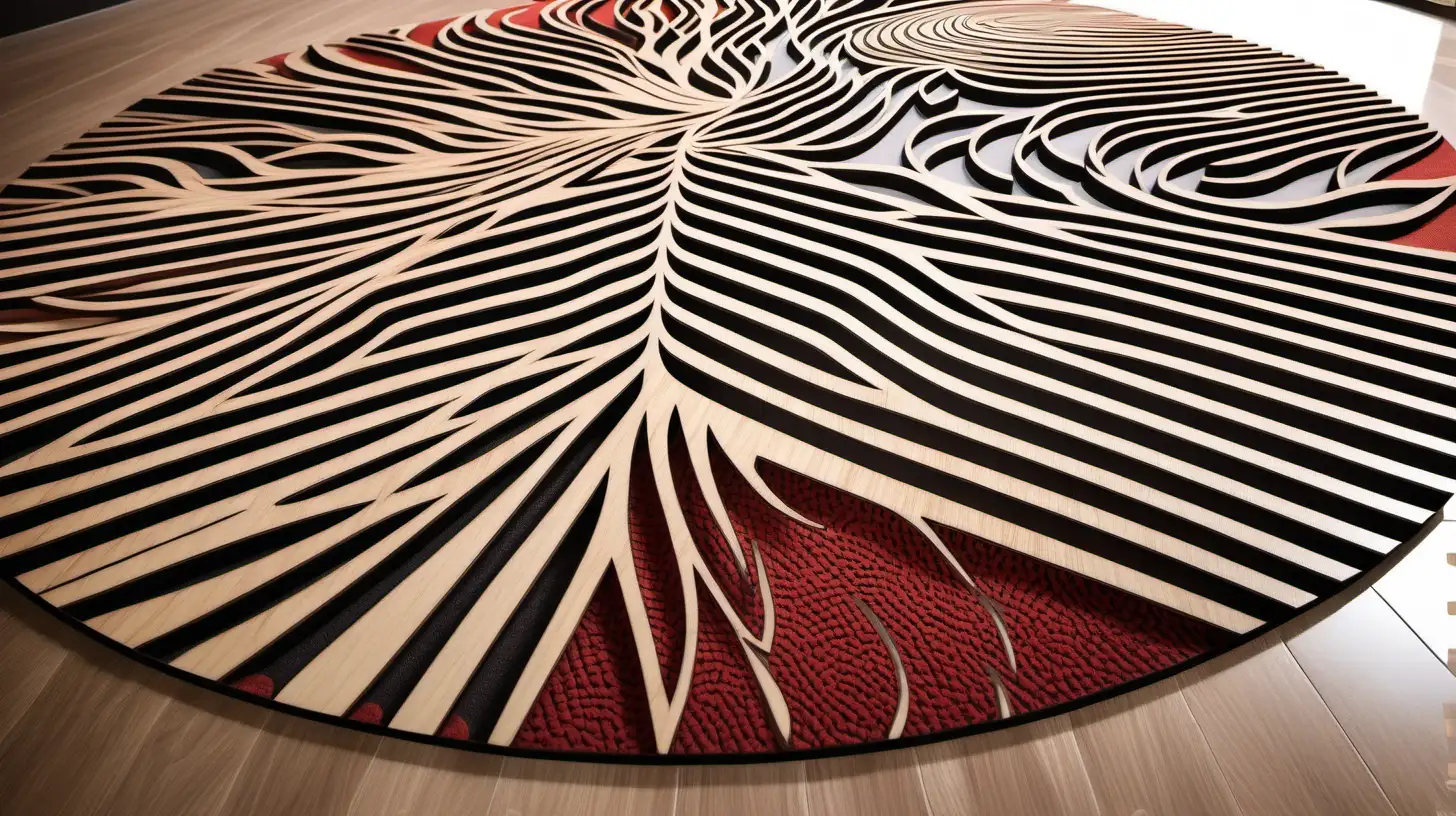 multilayered laser cut wood, carpet design with colorful design, multilayered laser cut wood