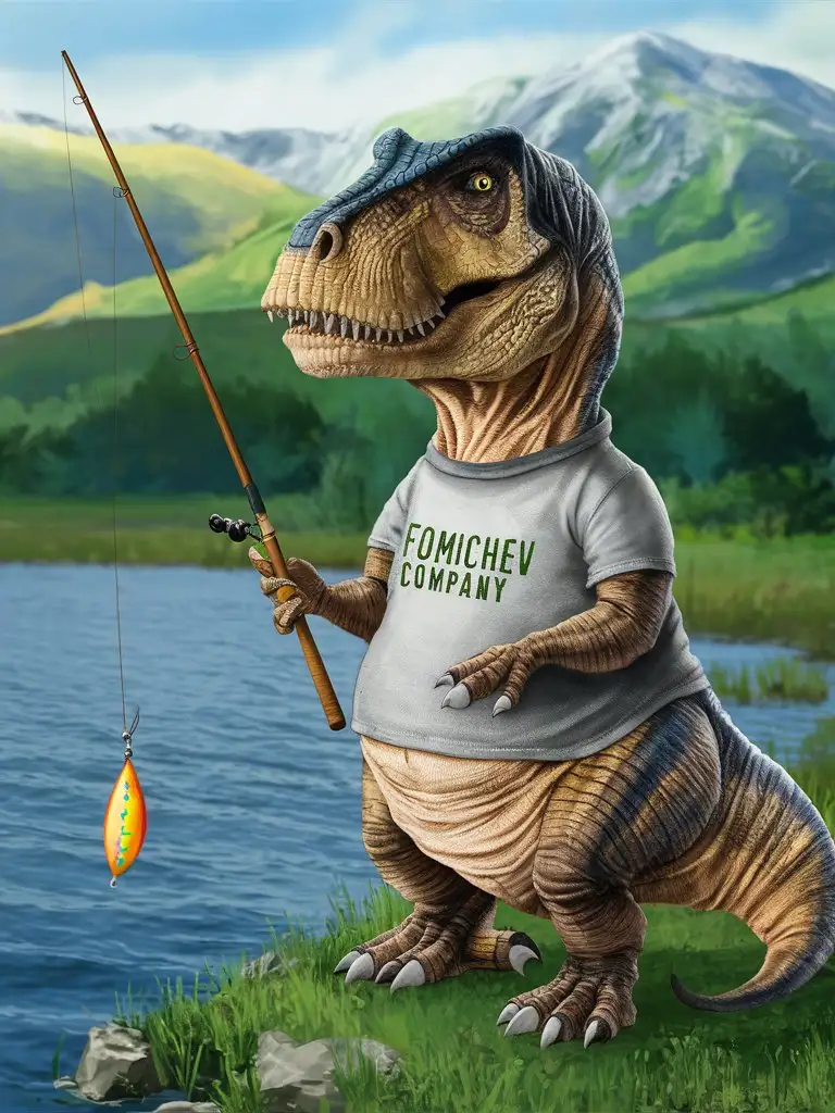 Динозавр рыбачит в футболке с надписью "Fomichev Company"