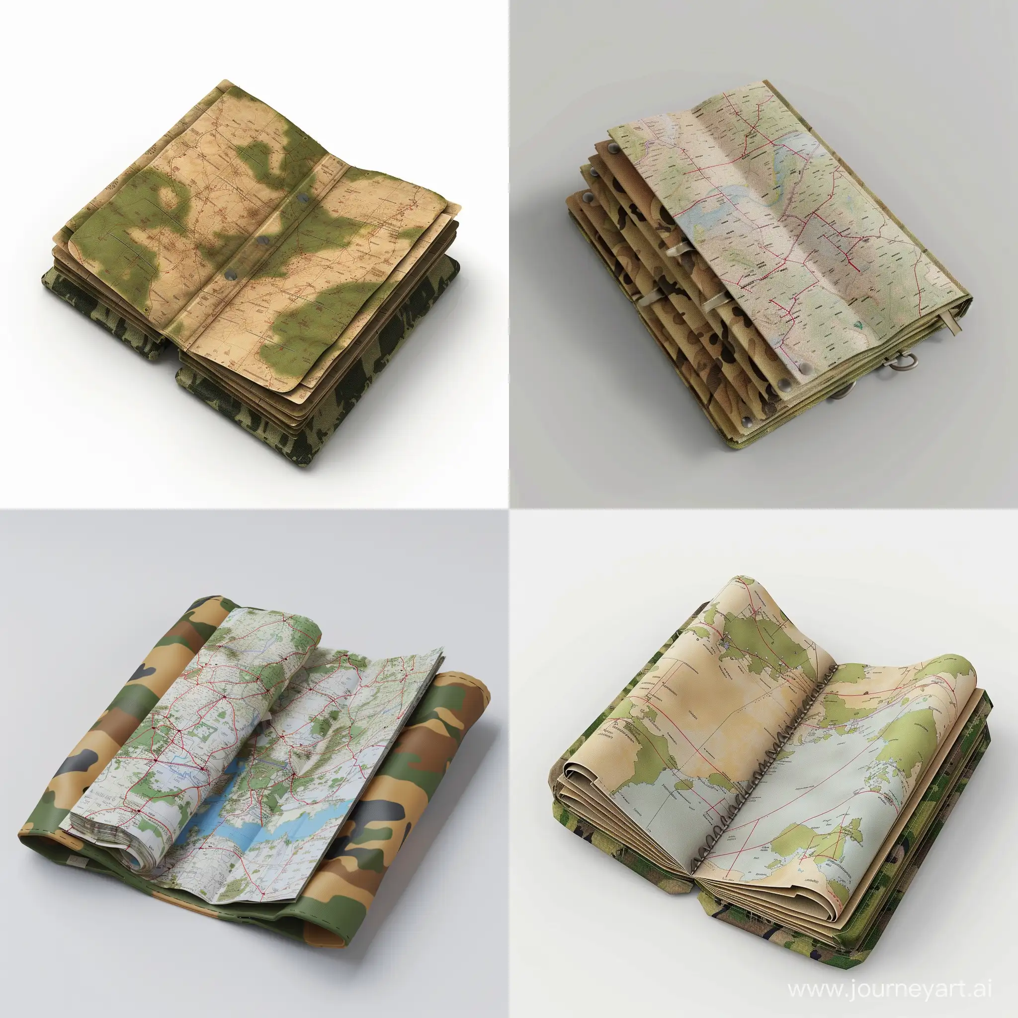 isometric military mapping cartographic kit folded paper in small thin mini long opened camo folder, 3d render, no background