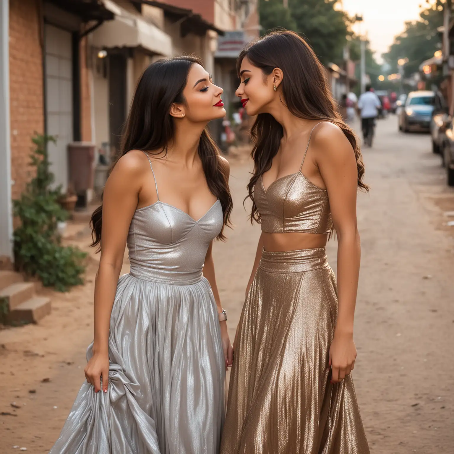 Flash photography, ISO-100 f/32 shot. Remote, poor Haryana village busy street. Victoria Justice, Madison Reed & Ariana Grande wearing shiny slinky flowy silky chiffon satiny metallic skirts, red glossy lipstick & lots of makeup and pouty lips. kissing romantically.