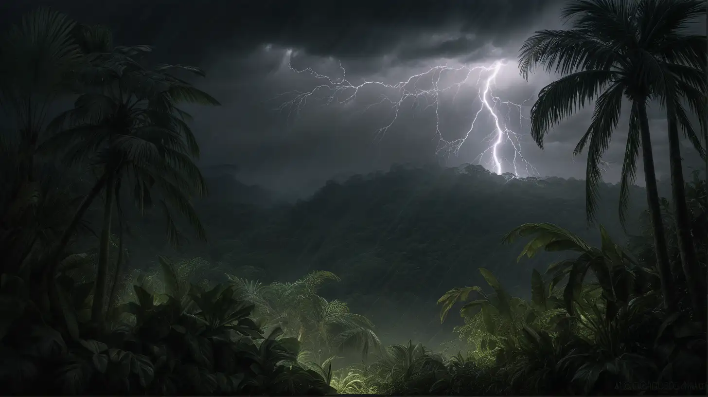 Dark, gloomy, lightning strikes in the background, harsh jungle, chiaroscuro enhancing the intricate details, in a digital Rendering “v6”