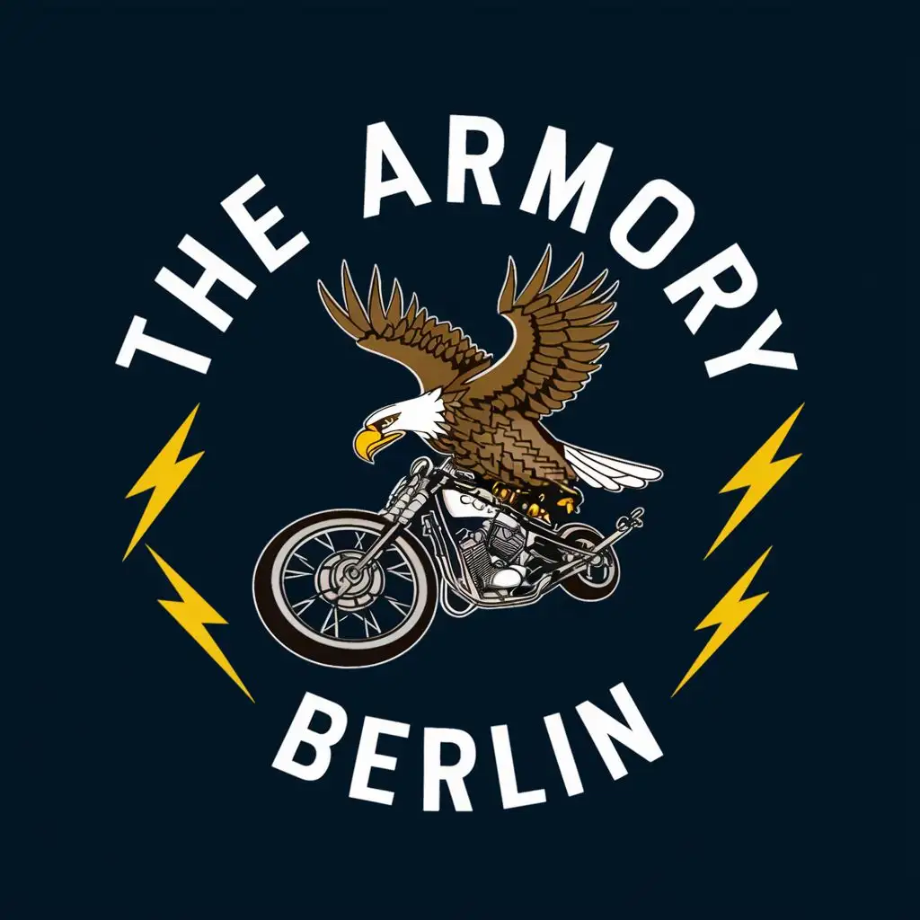 logo, Eagle carrying an motorcycle front wheel in his claws surrounded by lightning bolts in an 1950s design, with the text "The Armory Berlin", typography, be used in Retail industry