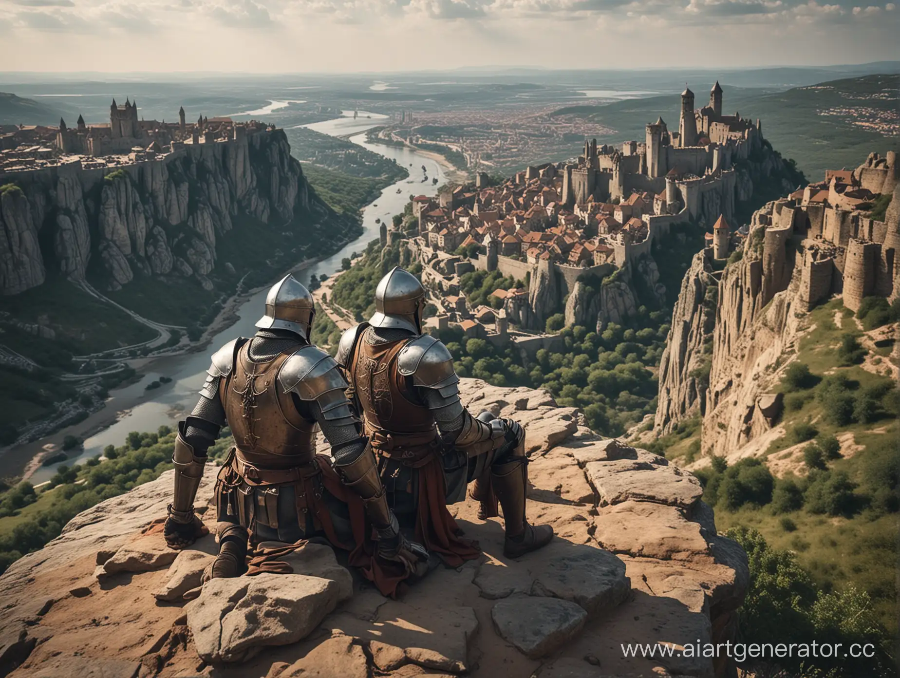 два накаченных рыцаря отдыхают на обрыве , в далеке виден средневековый город