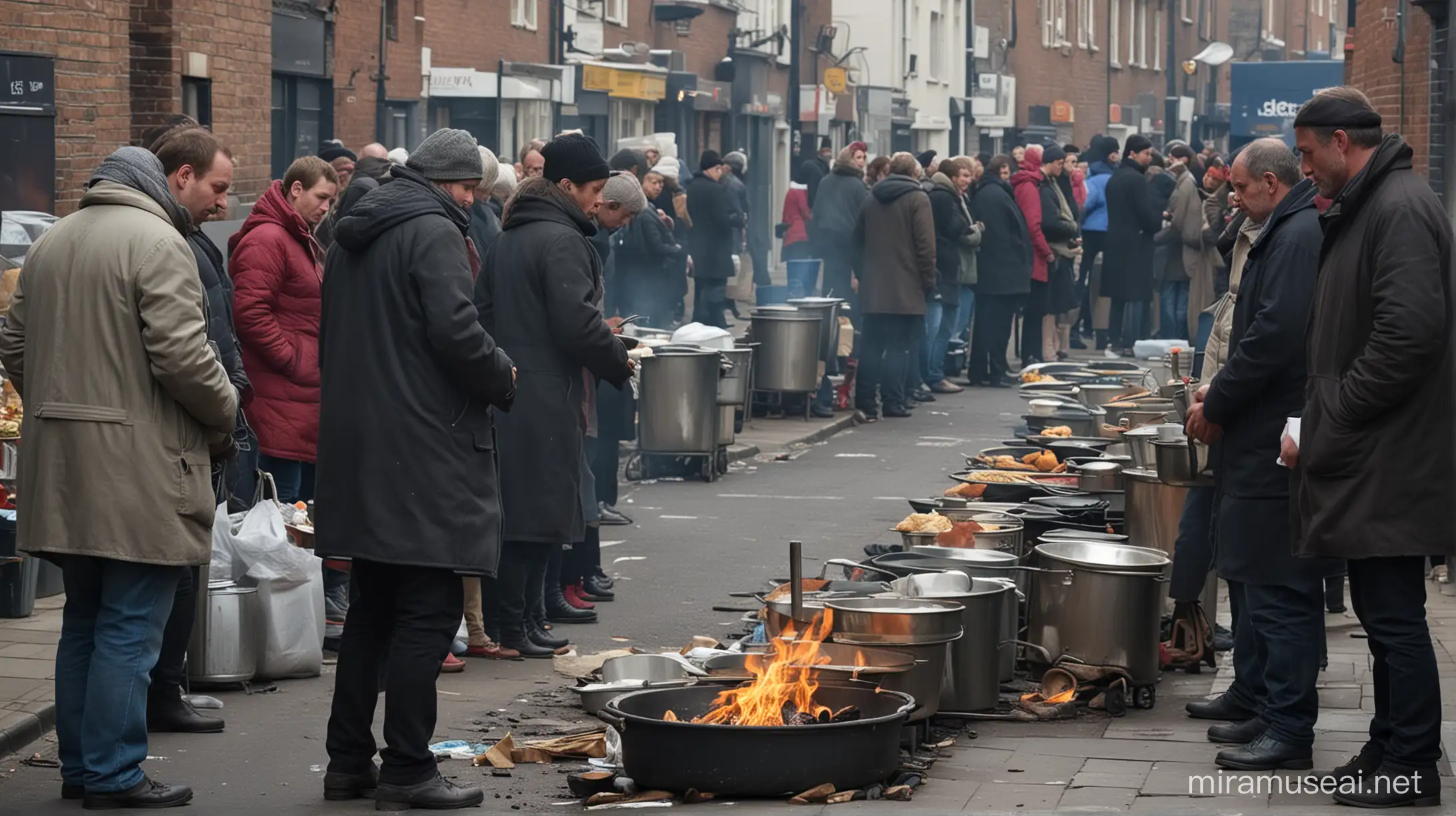 UK street, people, poverty, dirty, small fire, soup kitchen line