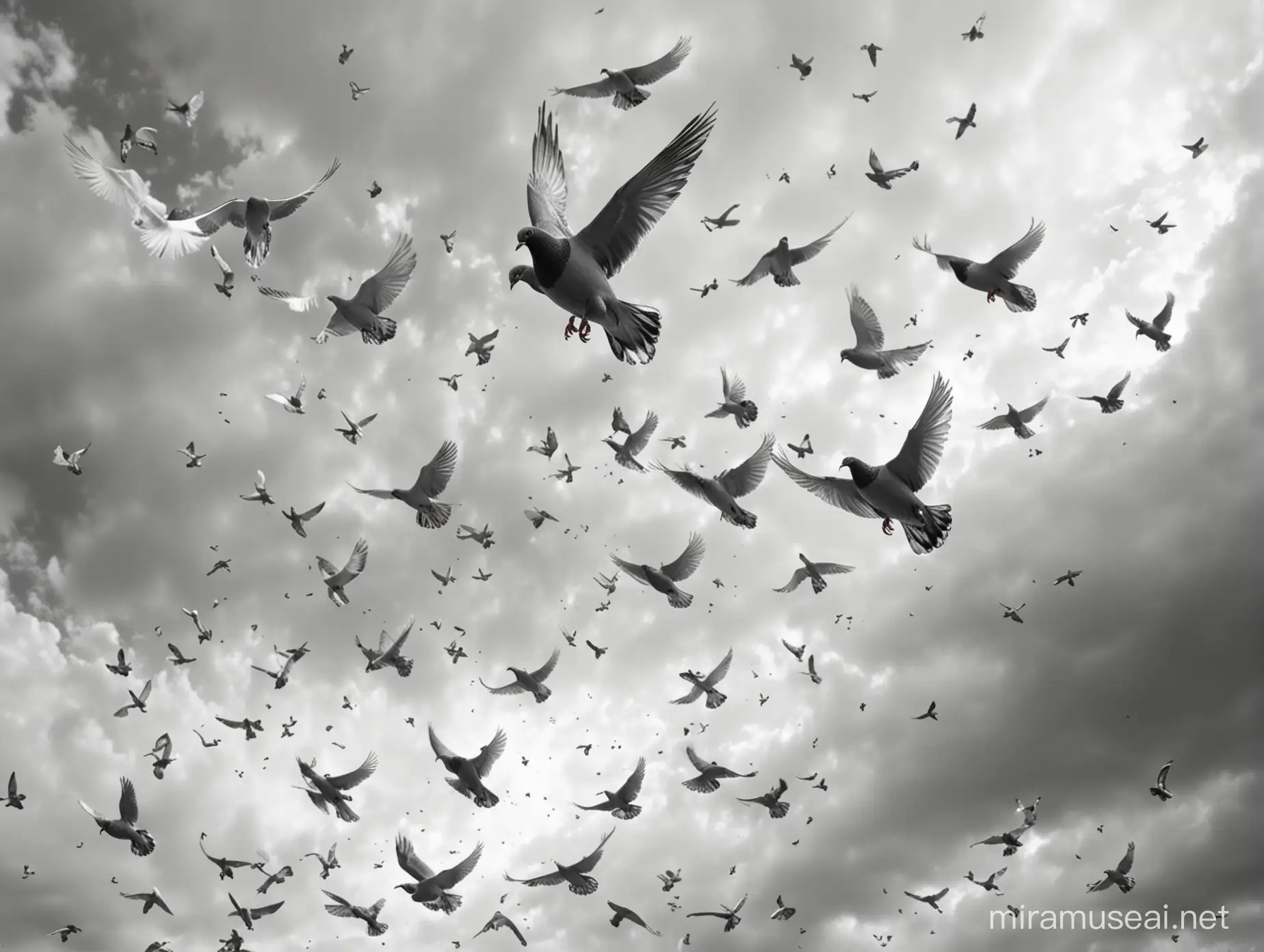 Colorful Flying Pigeons Against Monochrome Sky Photorealistic Urban Birdwatching Scene