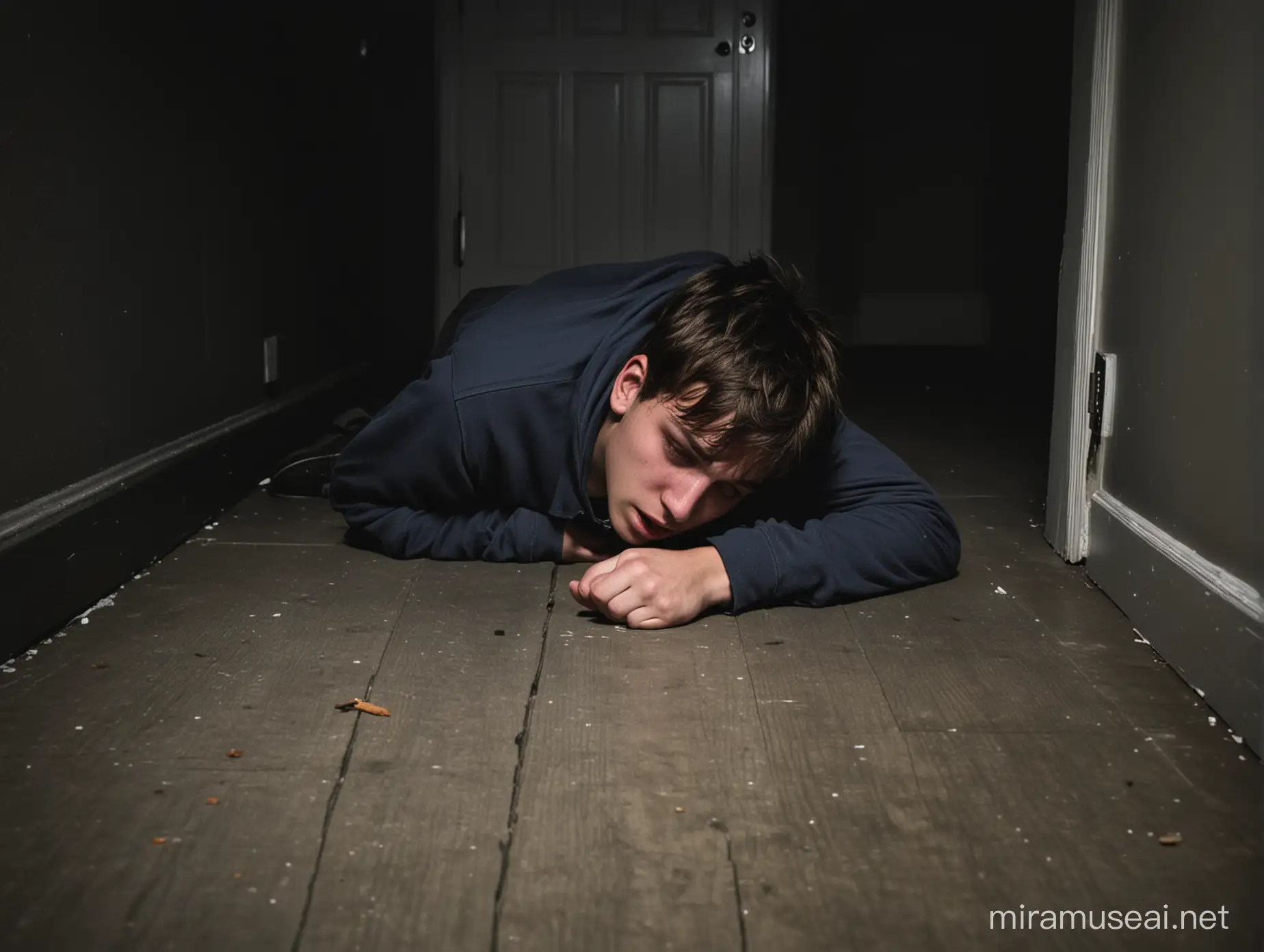 un joven adolescente hombre, desmayado boca abajo en el piso de una habitación muy oscura, por la noche.