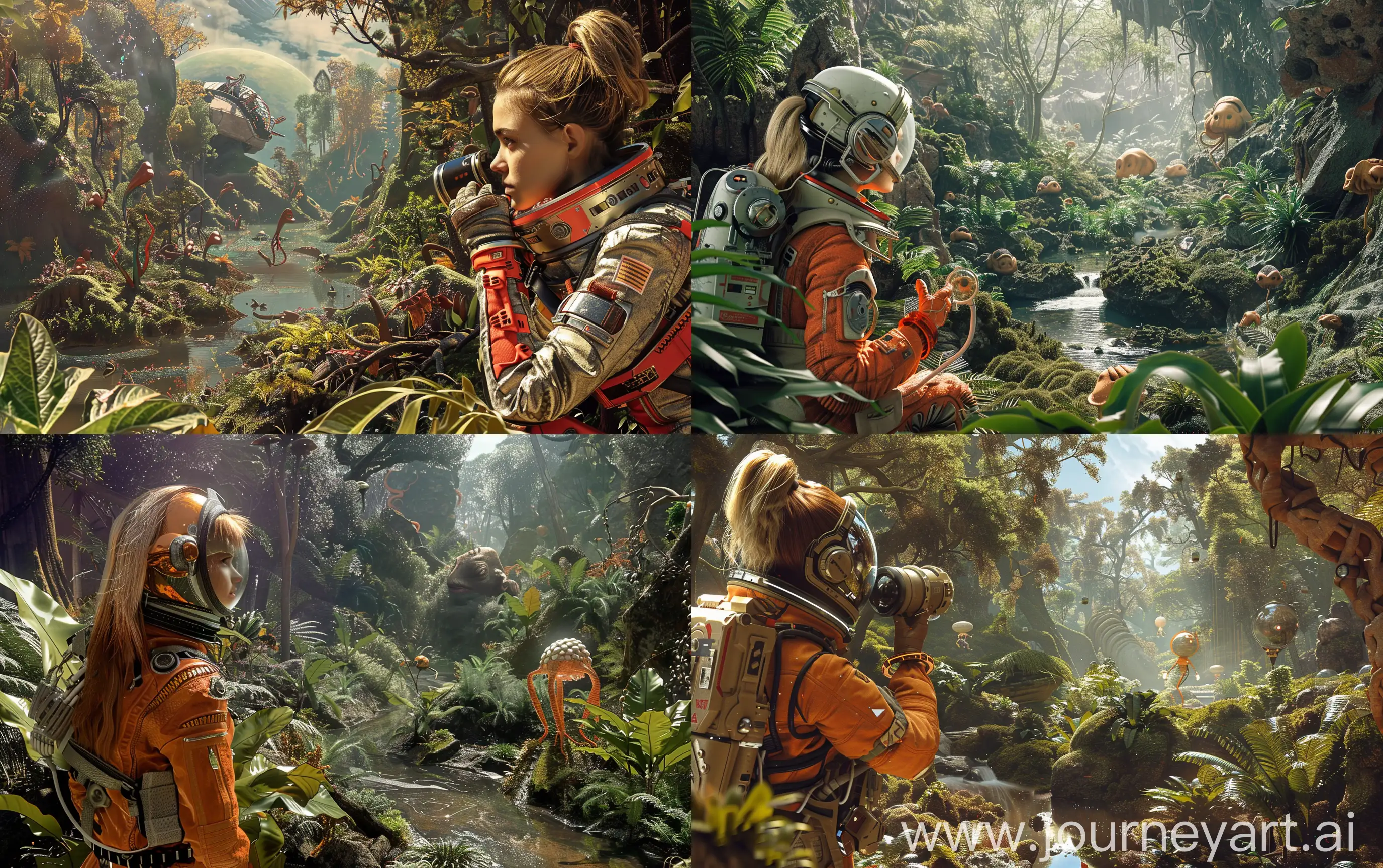 An attractive fair hair female in future russian spacesuit is observing a mystierious planet in a fantastic forest with strange sci-fi plants and small river, fantastic friendly life forms at the distance, super realistic, cinematic --ar 16:10