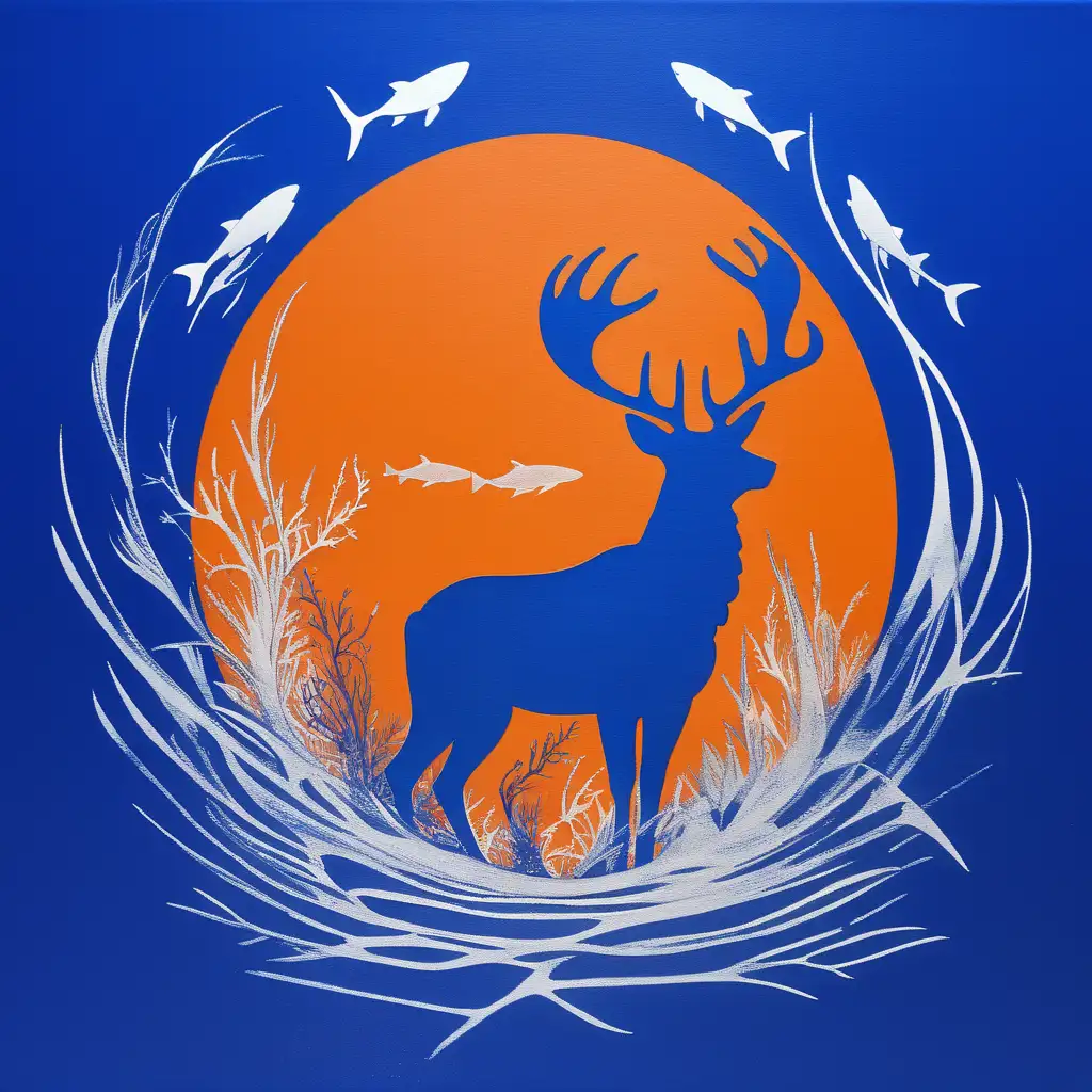 Dramatic Wildlife Fusion Majestic Deer Shark and Bass in Royal Blue