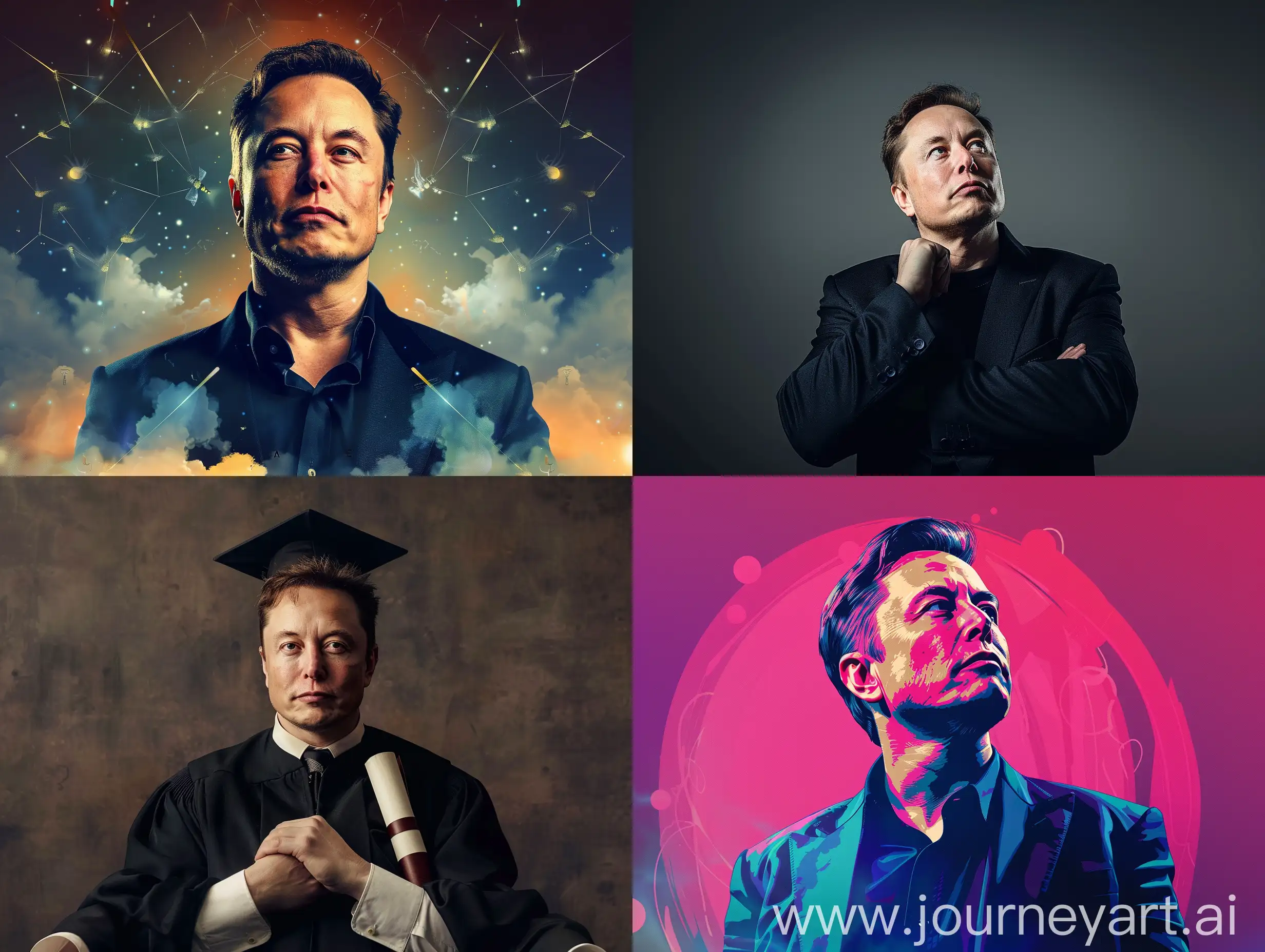 An image of Elon Musk that refers to the fact that no university degree is needed to show a person's abilities