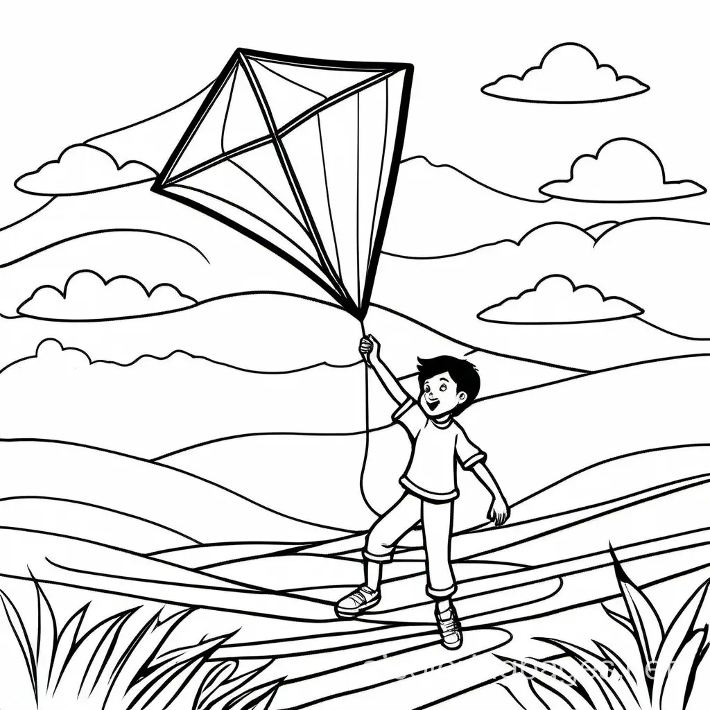 a boy flying kite , Coloring Page, black and white, line art, white background, Simplicity, Ample White Space. The background of the coloring page is plain white to make it easy for young children to color within the lines. The outlines of all the subjects are easy to distinguish, making it simple for kids to color without too much difficulty