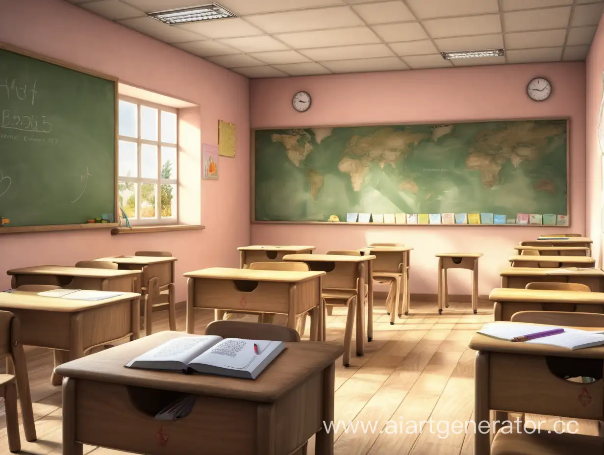 Cozy-Rural-School-Classroom-with-Wooden-Desks-and-Childrens-Art