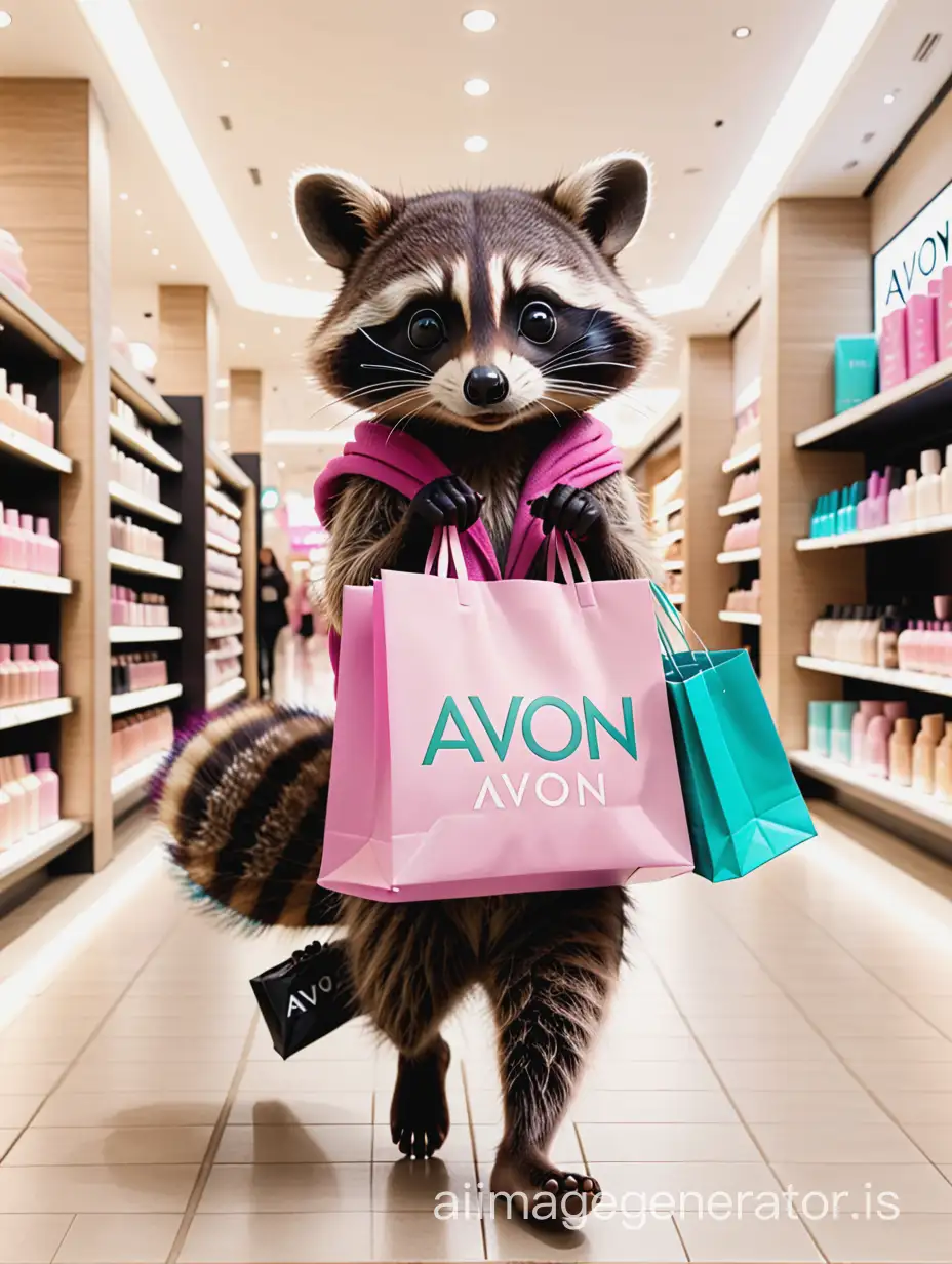 Маленький енот с пакетами косметики, на которых написано слово "Avon" гуляет по торговому центру 
