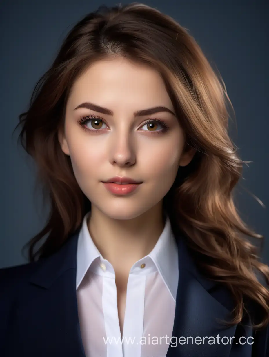 A charming girl of 30 years old in a dark blue business suit, a white shirt, the buttons are undone so that large and beautiful breasts, size D, are visible in the neckline. The nose is thin and straight. Plump lips. Fox eyes with long eyelashes. Eye color is brown. The face is very beautiful, there is a small dark mole above the lip! The hair is long, wavy, brown. The girl is a leader, you can see it in her eyes, but nevertheless she is cheerful. Photo for publication on a social network on an avatar. The background is light. Apparently, a study. Angle -3/4. The effects should look as realistic as possible, perhaps with minor defects of moles and wrinkles