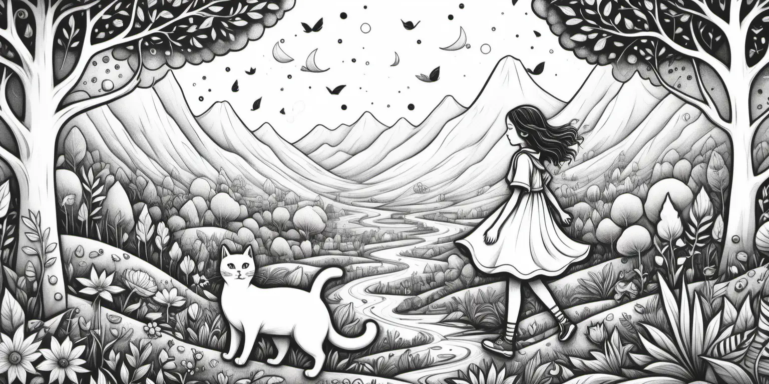 Whimsical Black and White Design with Favorite Girl and Cat in Vibrant Landscapes