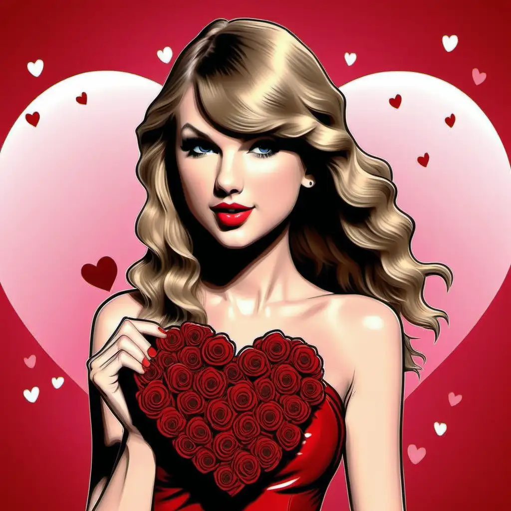 Taylor Swift Valentine Cartoon Adorable Singer Surrounded by Hearts and Flowers