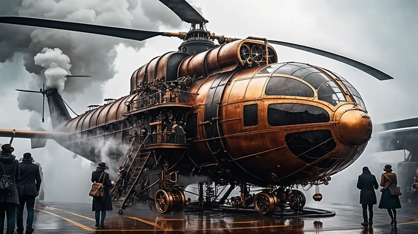 Steampunk very big passenger helicopter heavy steam engine smoke with pilot inside people boarding rain