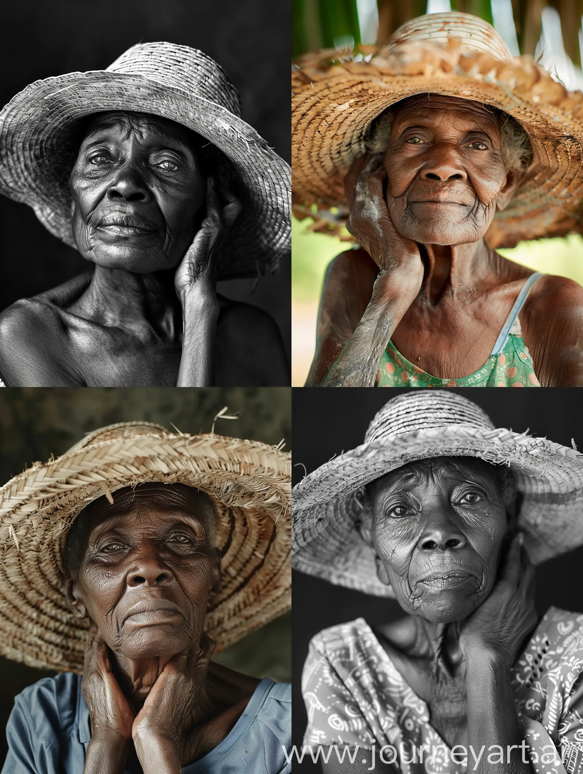 Old African woman wearing an old straw hat. She is holding her neck
