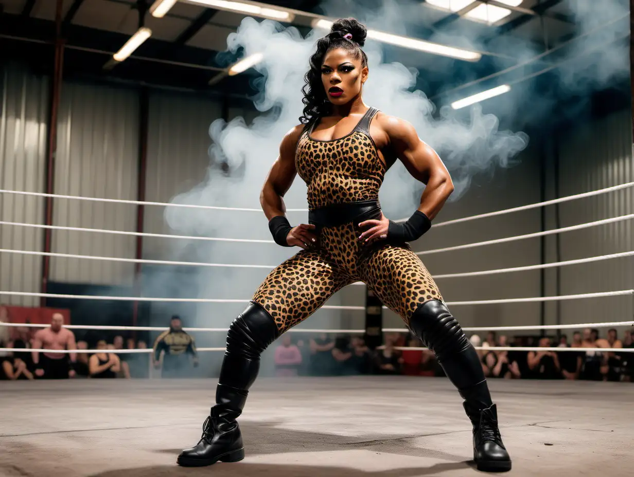 Extremely muscular female wrestler bianca belair as a female bodybuilder with wearing a leopard patterned sleeveless catsuit and black boots in a wrestling ring inside a smoke filled warehouse flexing her big muscles
