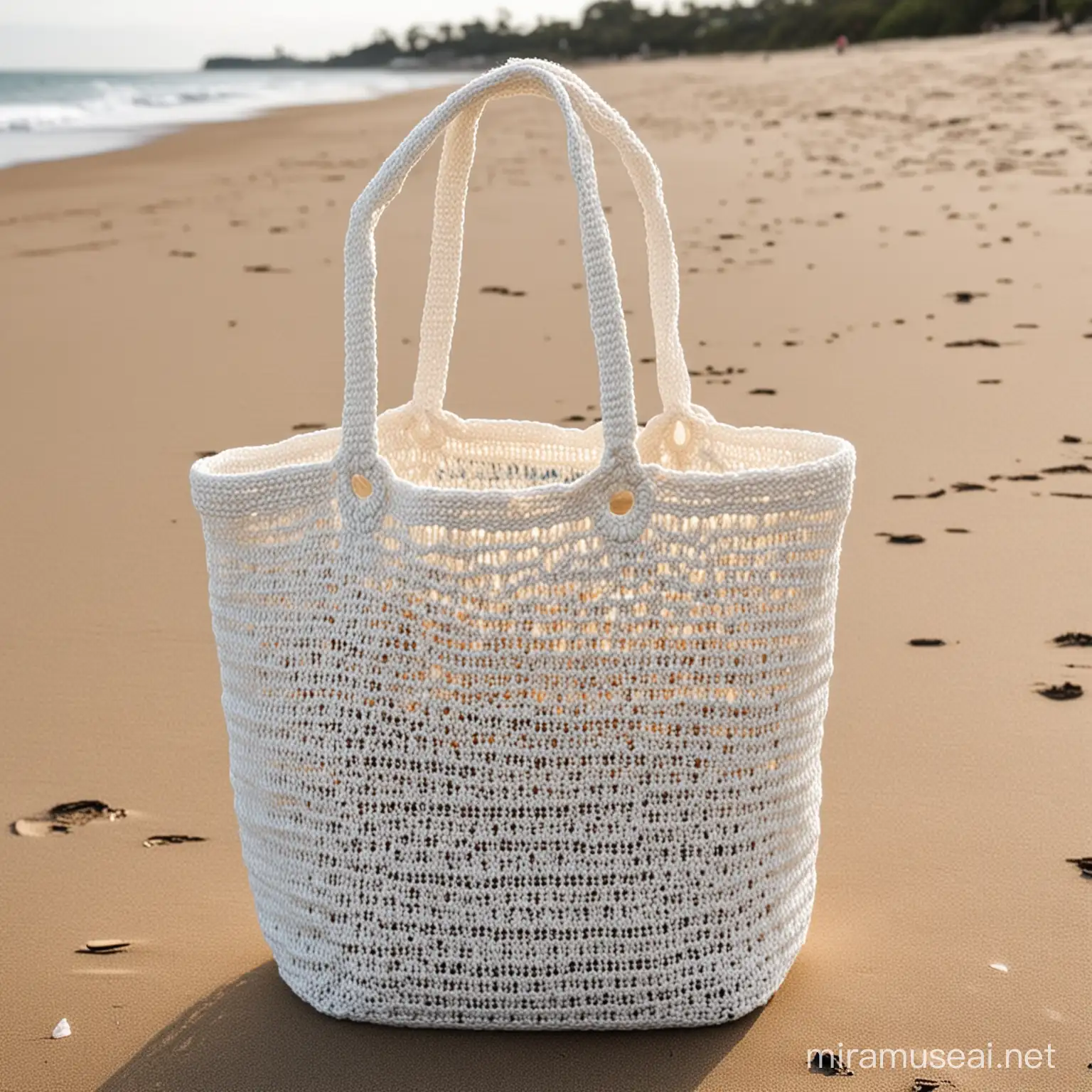 design a mockup for an empty reusable crochet grocery market bag used at the beach  