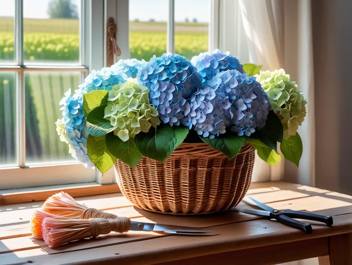 in style of van gogh still life create an image of cut hydrangeas lying horizontally across a country wooden table showing stalks and heads of flowers next empty basket and a wall and large window window with morning sunlight coming in with several cutting accessories and other accessories., with some hydrangeas  loose on the table next to the cutting shears