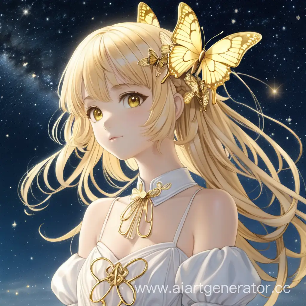 Аниме девушка блондинка, в белом роскошном платье, с золотой заколкой в виде бабочки жёлтого цвета, смотрит на звёздное небо