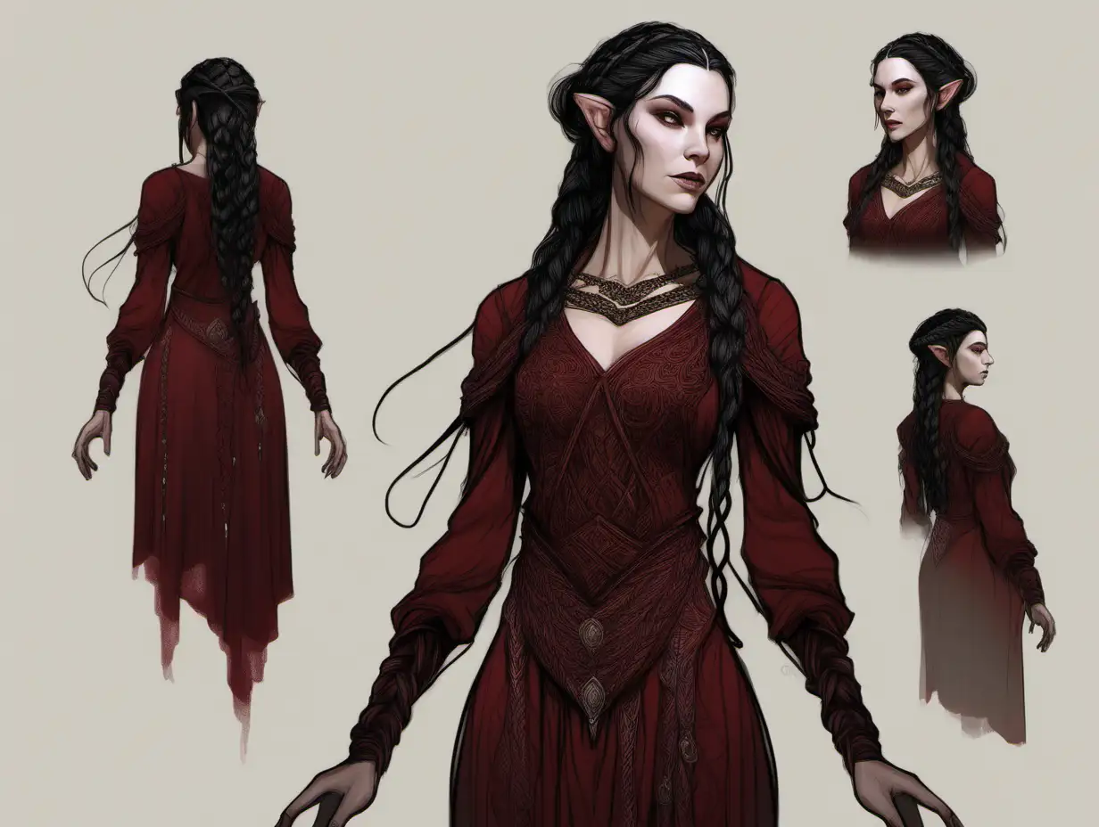 Enchanting Pale Elf in Elegant Dark Red Gown with Intricate Braids