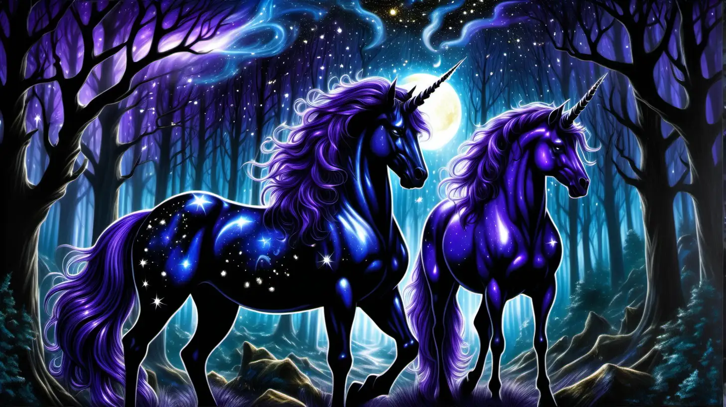 a beautiful black male unicorn with a horn glowing brightly, his coat shining with stars and images of the universe, and his mane is  a shiny glossy black male and one female, similar to Sue Dawe artwork,  in a shadow laden dark gothic realm magical forest with various shades of purple, blue and black 