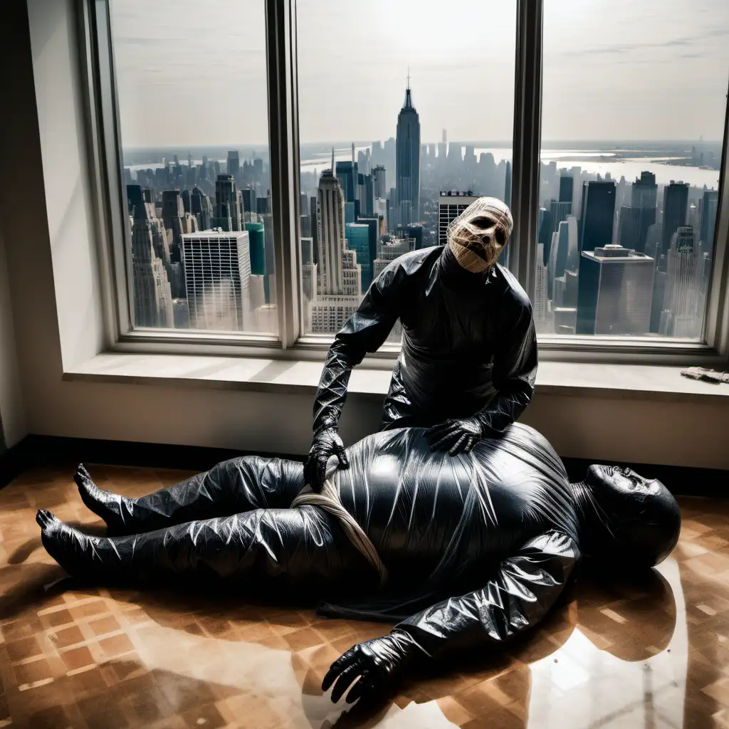 man with a big belly, lying on the floor, tied up and mummified with dark plastic wrap, with his mouth open on the floor of a room with a window overlooking New York City