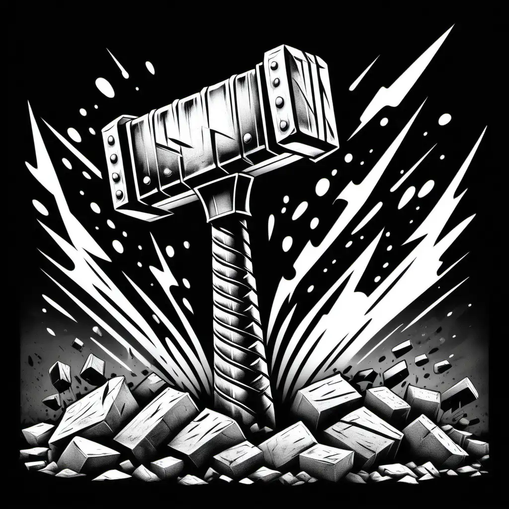 thor's hammer in black and white banksy style, coloring book page ,the hammer is striking the ground, ground is fractured, black background -v5 