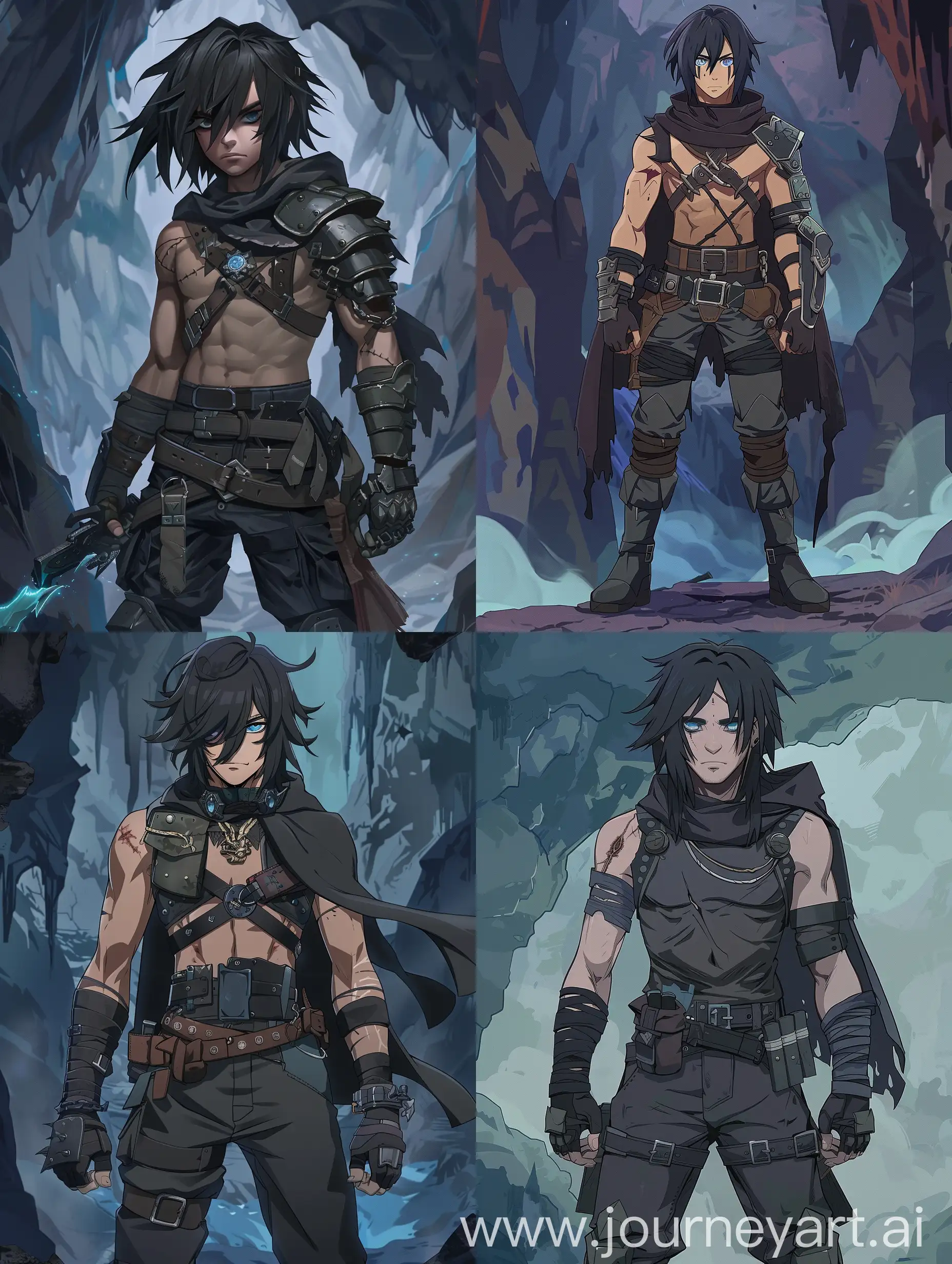 Create a 2D anime character illustration of Kaito 'The Abyssal Sentinel' Harrow, a male Cave Raider from 'Made in Abyss.' He should have a tall, muscular build with shoulder-length jet black hair and a scar over his left eye. His piercing steel blue eyes should reflect a lifetime spent in the Abyss. He wears a dark, sleeveless top with armored plates, durable fingerless gloves, and reinforced bracers. His charcoal pants are tucked into heavy-duty boots, and he has a utility belt with a sheath for his first-grade relic weapon, 'The Eclipse Reaper,' a sword with a phasing blade. Include a rugged cloak with a hood and a necklace with an Abyssal gemstone pendant. Capture his aggressive nature and seasoned explorer's aura in a dynamic and atmospheric setting that hints at the depths of the Abyss."
