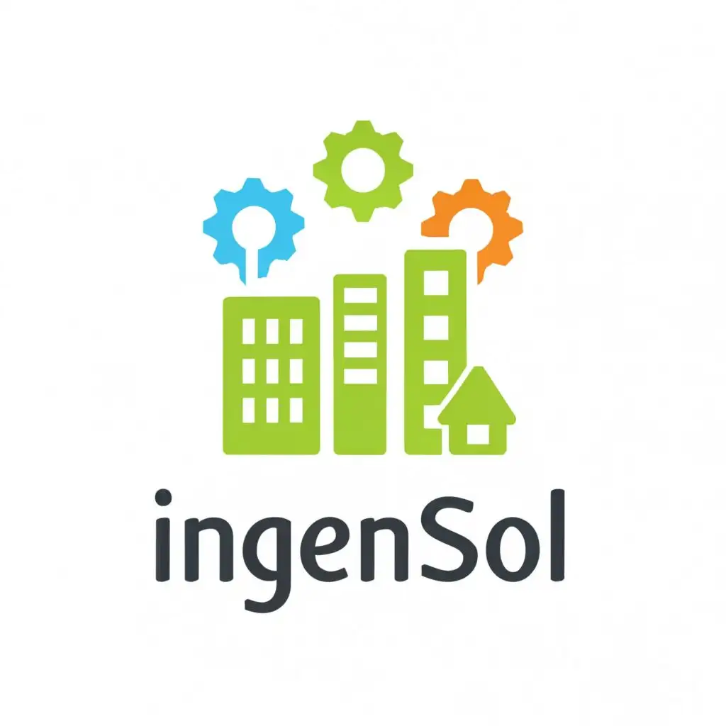 a logo design,with the text "ingensol", main symbol:smart buildings +solar panles+ buildings+ sustainability+recycling+gear,Moderate,clear background