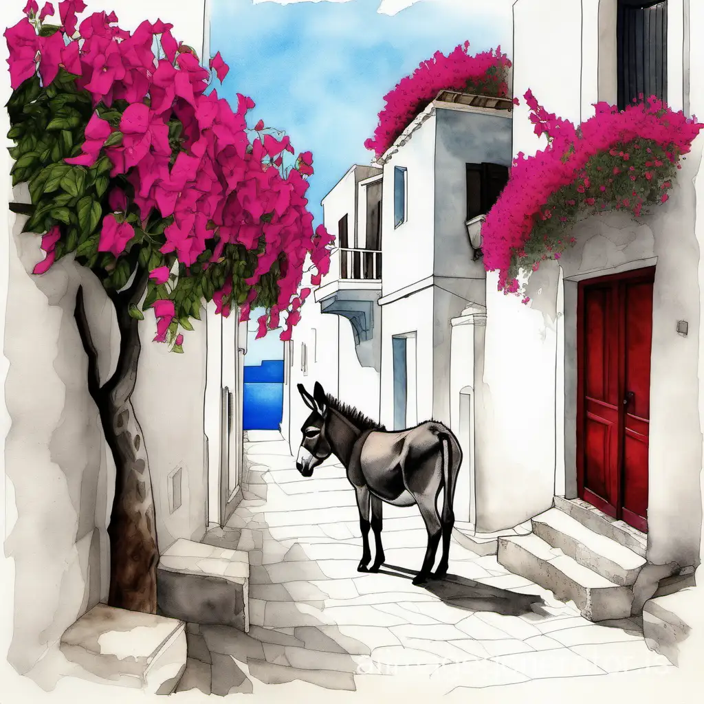 a donkey and bougainvillea in a street on a Greek island drawing