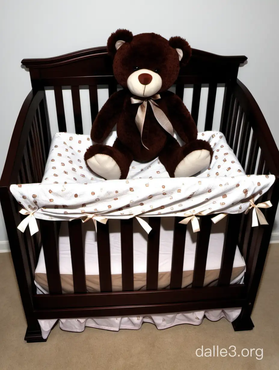 dark brown stuffed teddy bear sitting in a normal size brown crib baby crib