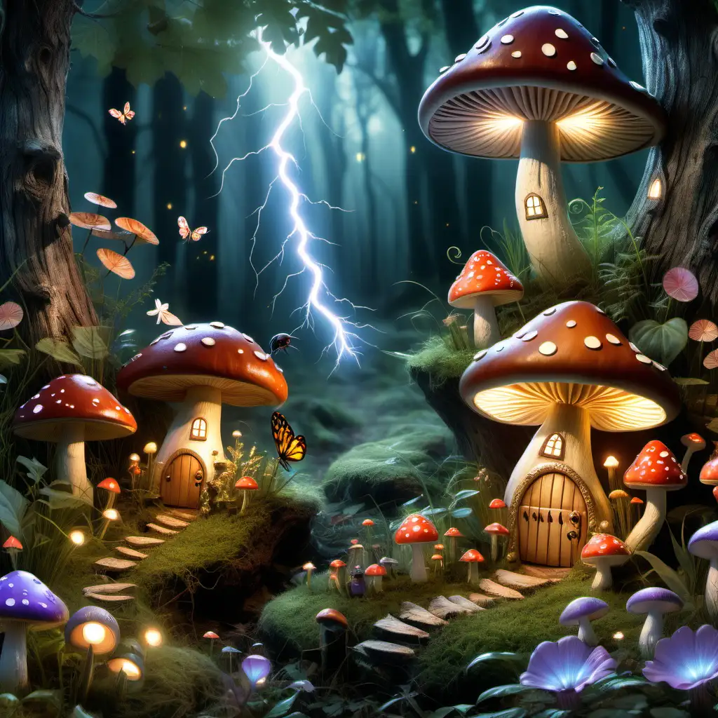 Enchanted fairy land With mushrooms, lightning bugs, beetles