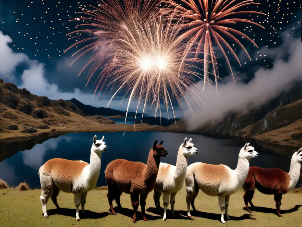 Create a picture of a herd of llamas in Cajas National Park Ecuador near a lake looking at fireworks at night, the llamas should be facing  away from the viewer


