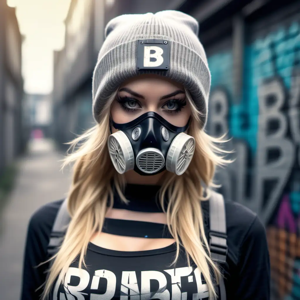 Beautiful Nordic woman, very attractive face, detailed eyes, perfect breasts, slim body, dark eye shadow, messy blonde hair under a grey beanie, wearing a b-boy style cosplay outfit, wearing half face respirator with big cartridges, bust shot, bokeh background, soft light on face, rim lighting, facing away from camera, looking back over her shoulder, standing in front of an elaborate urban graffiti wall, Illustration, very high detail, extra wide photo, full body photo, aerial photo