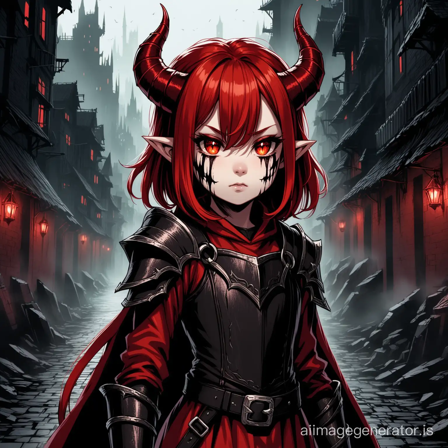9year old tiefling rouge girl red horns red hair in a dark city with black markings in the face and broken leather armor dark sinister face
