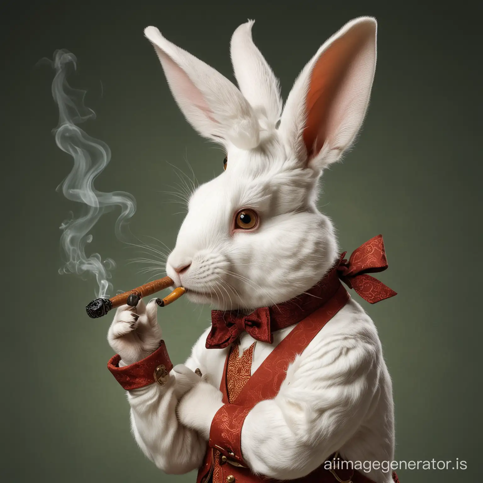 a white rabbit smoking a pipe