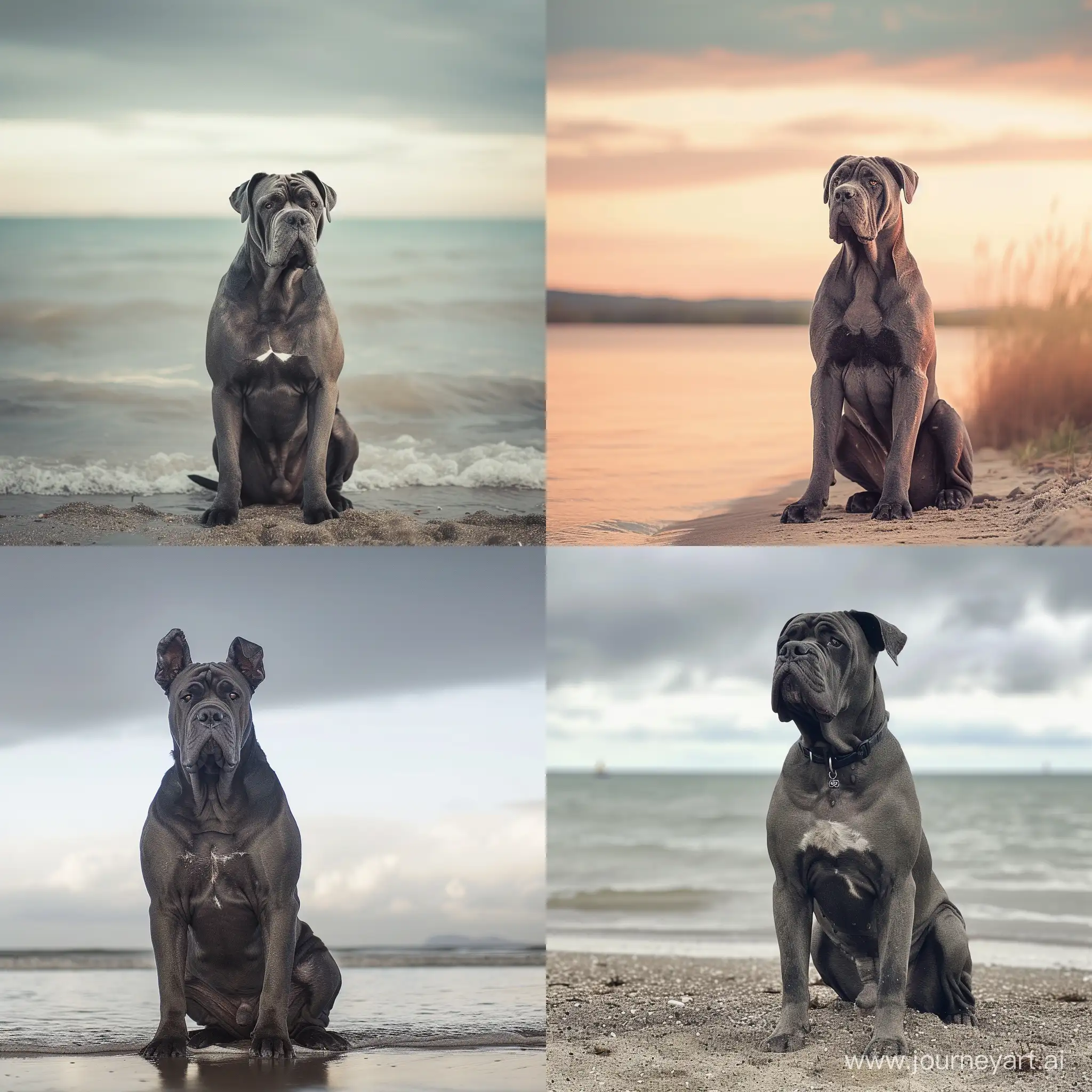 Собака кане-корсе важно сидит на берегу моря смотрит вперед