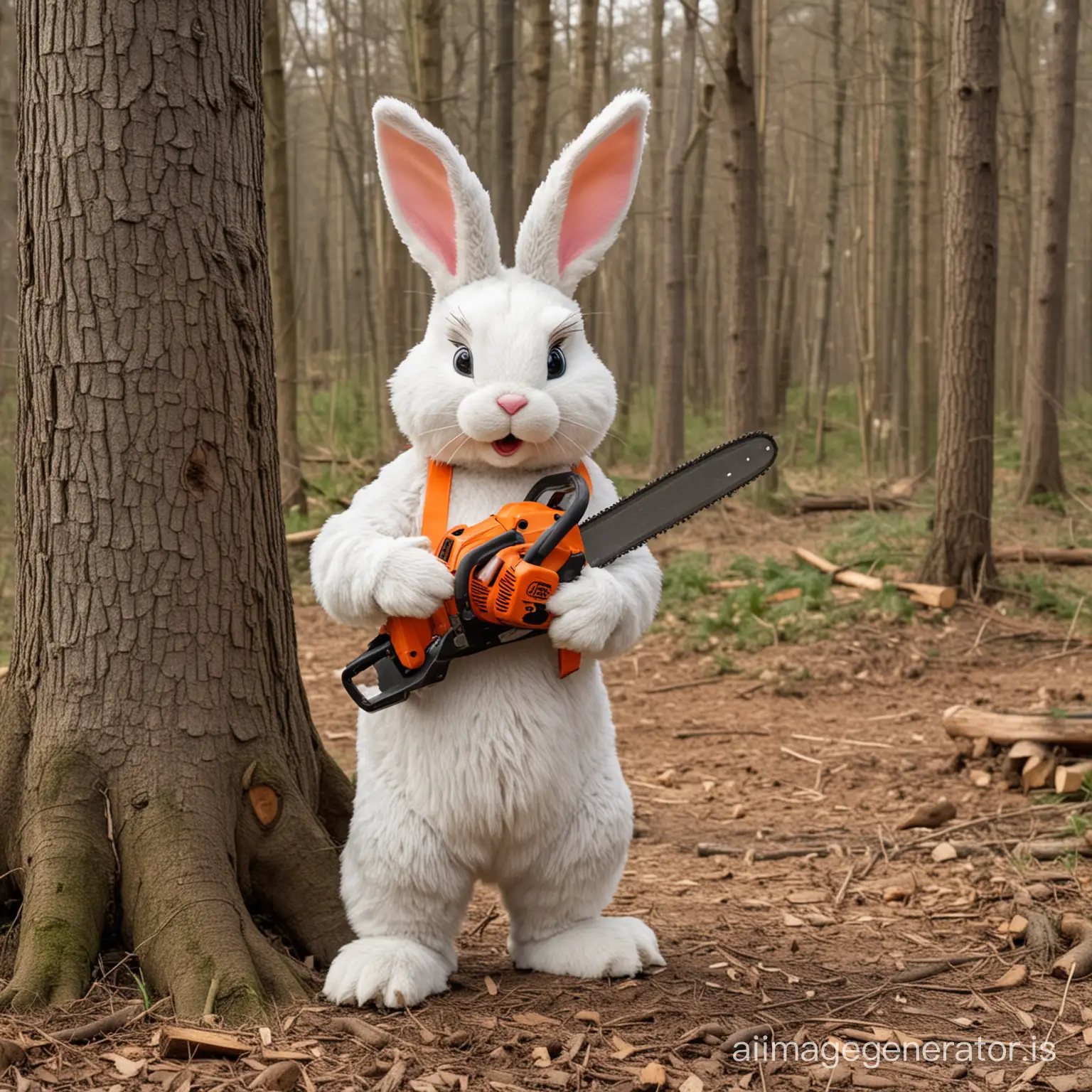 Easter bunny with chainsaw cutting down trees in the forest the chainsaw should be clearly visible