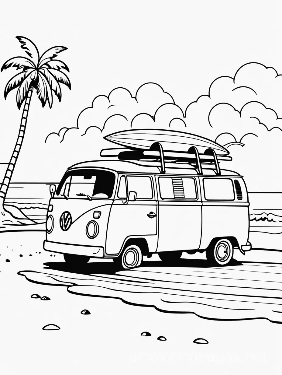 retro van at beach with surf board on top



, Coloring Page, black and white, line art, white background, Simplicity, Ample White Space. The background of the coloring page is plain white to make it easy for young children to color within the lines. The outlines of all the subjects are easy to distinguish, making it simple for kids to color without too much difficulty