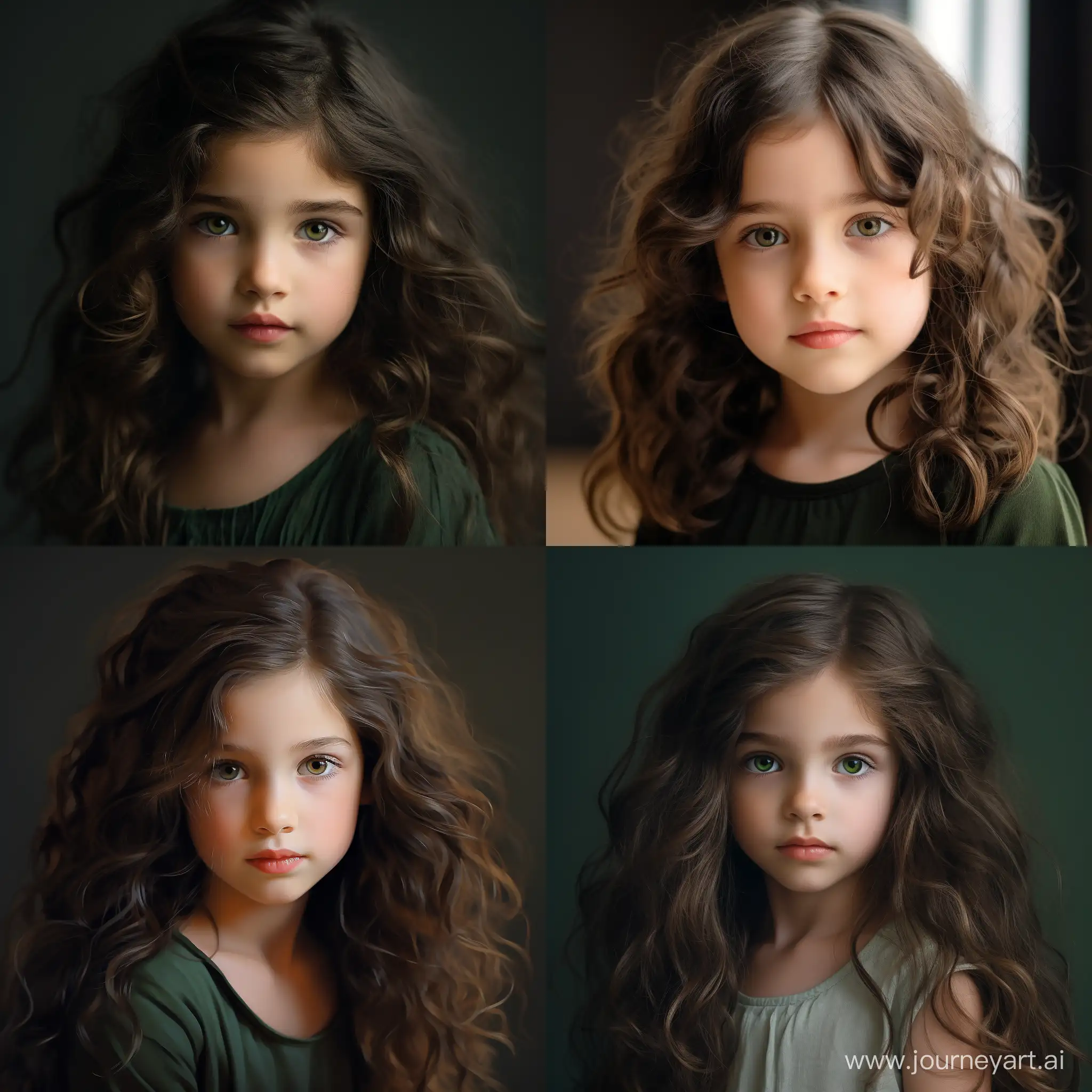 a girl with dark hair and green eyes. She is 5 years old