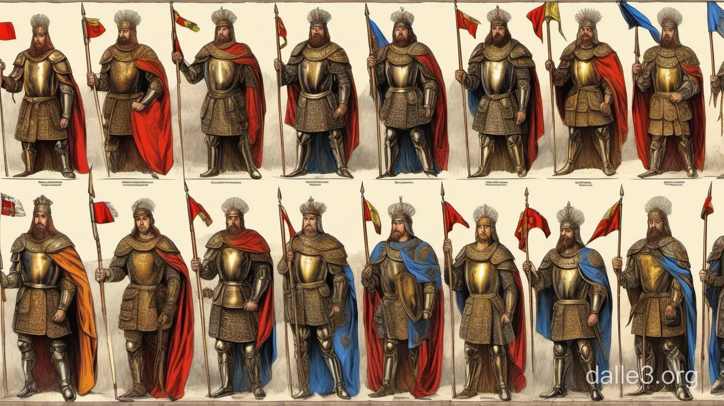 12 princes of different principates of Ancient Rus in armour of their principates hold the flags of their principalities in their hands, a picture like in a history textbook, juicy picture, 16K HDR, well-drawn